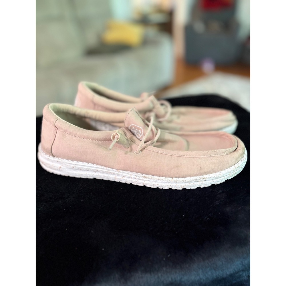 Hey Dude Wally Slub Canvas Tan Pink Slip On Loafers Mens 9 Womens 11 40009-265